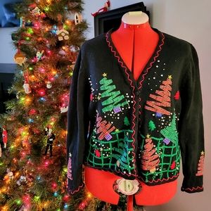 Vintage Christmas Tree & Snowman Black Cardigan